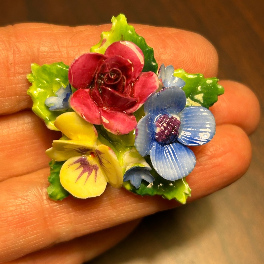 Porcelain Brooch marked Crown, with Three Flowers Vintage